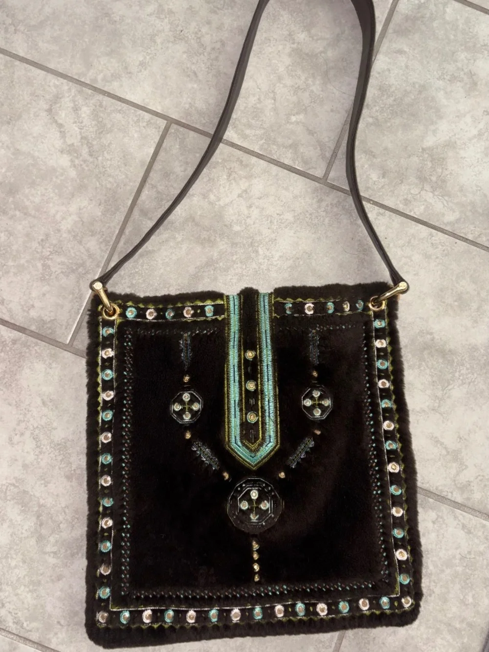 VINTAGE TORY BURCH Brown Sheepskin Shoulder Crossbody Embroidered Geometric Bag